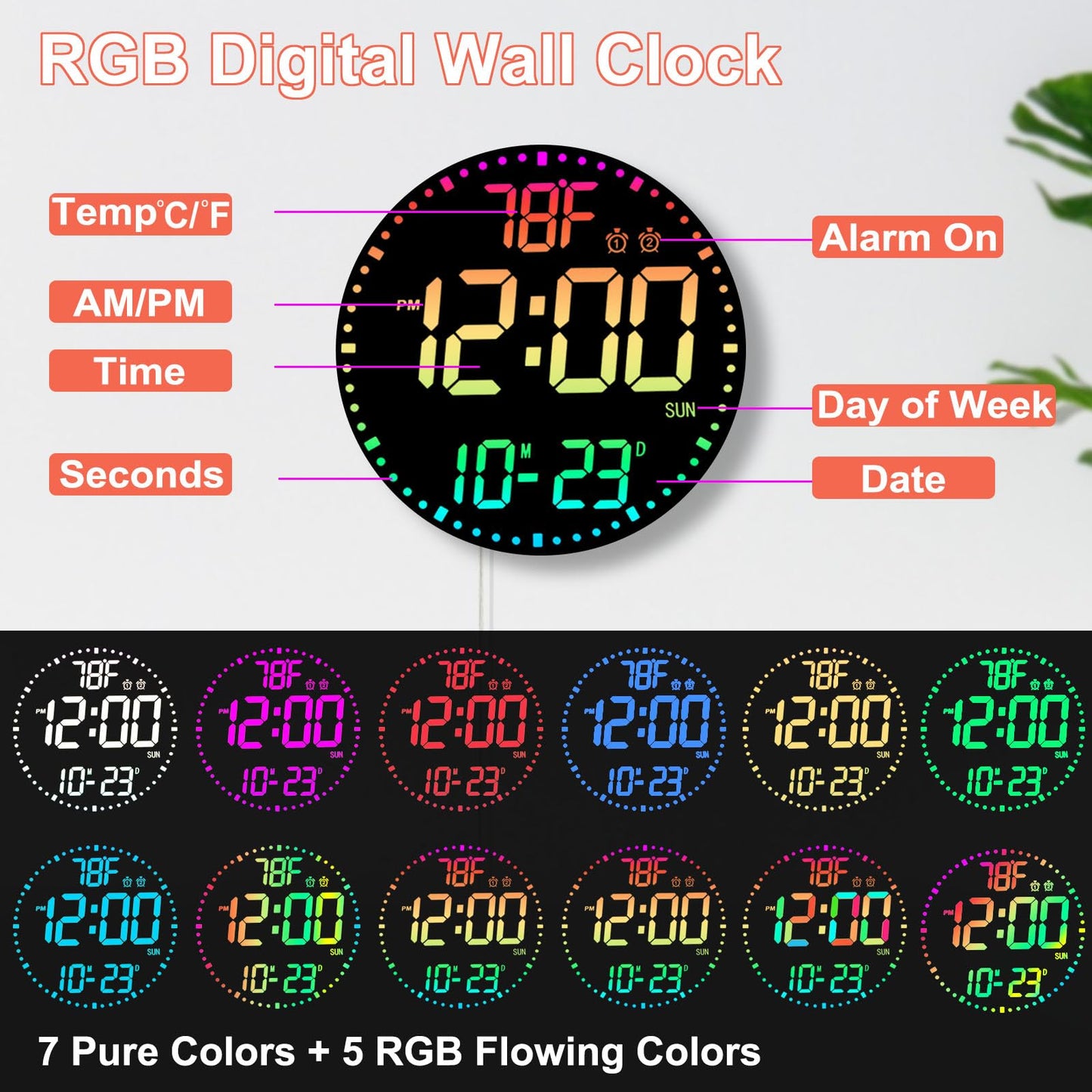 QINFIEY Large 12" RGB Color Changing Digital Wall Clock with Remote Control | LED Display Plug-in Clock with 3 Brightness Levels & Temperature Display | Perfect for Home, Gym, Classroom, Office