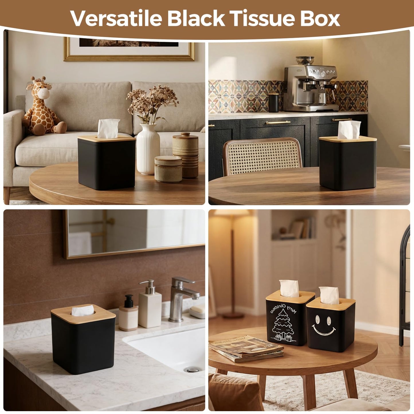 4 Pack Black Tissue Box Cover Square with Bamboo Cover Plate, Cube Modern Decorative Facial Tissue Cover Tissue Holders for Bathroom Bedroom Living Room Office