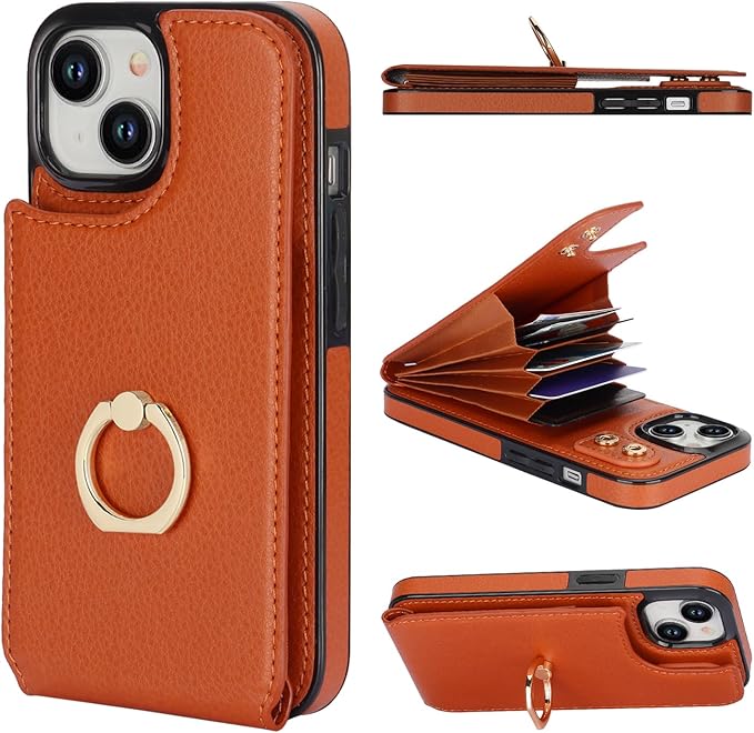 Folosu Compatible with iPhone 15 Case Wallet with Card Holder, 360°Rotation Finger Ring Holder Kickstand, RFID Blocking Leather Protective Double Buttons Shockproof Cover 6.1 Inch Brown