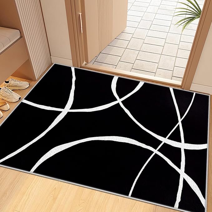 Black and White Rugs, Abstract Rug, Modern Minimalist Rug, Curved Line Design Carpet, Black and White Abstract Rugs Washable Non Slip Home Decor 7x10