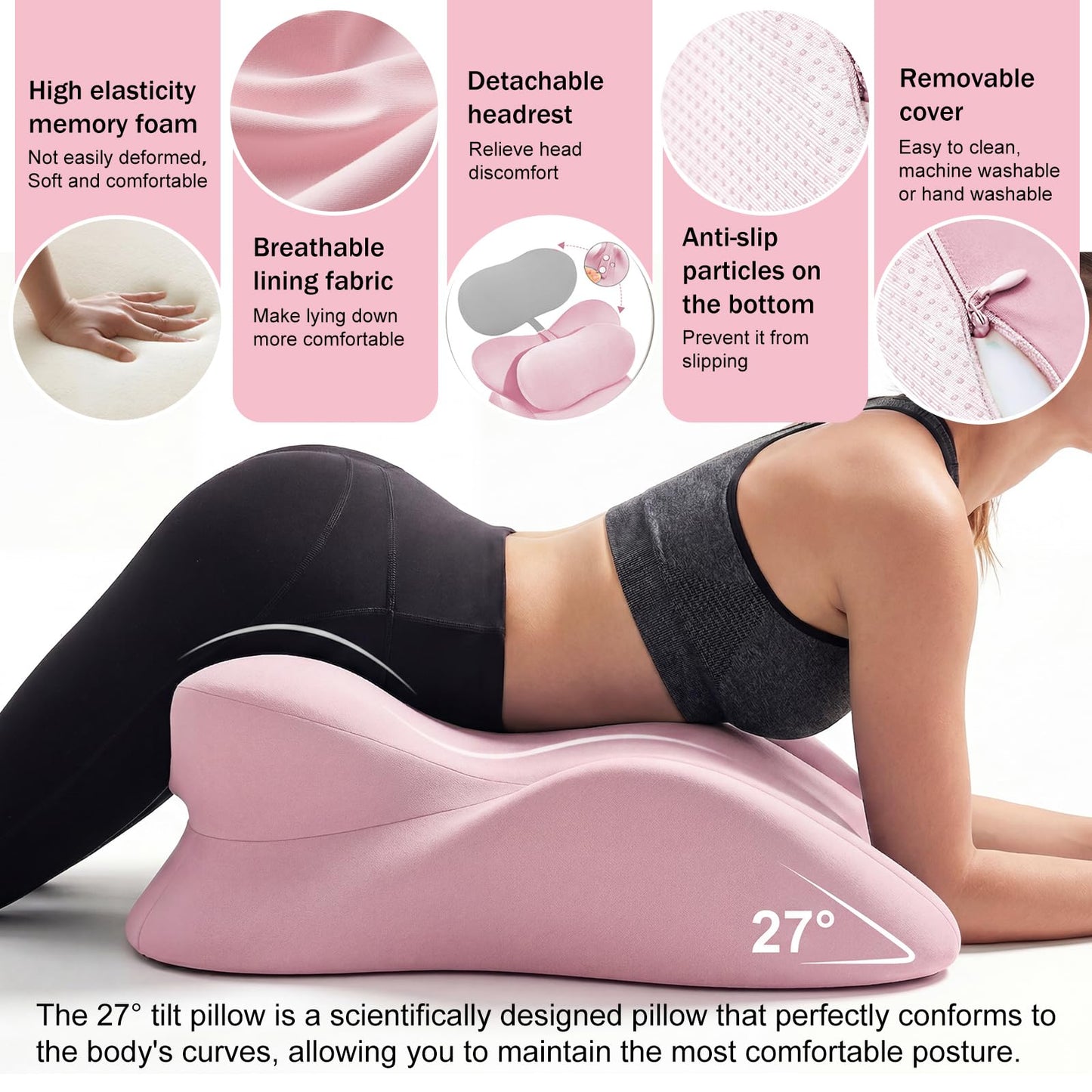 cjc Ergonomic Memory Foam Wedge Pillow Adjustable Reading Pillow for Sleeping Bed Support Prone Pillow for Back Pain with Neck Support,Multi-Position Support Pillow with Removable Cover (Pink)