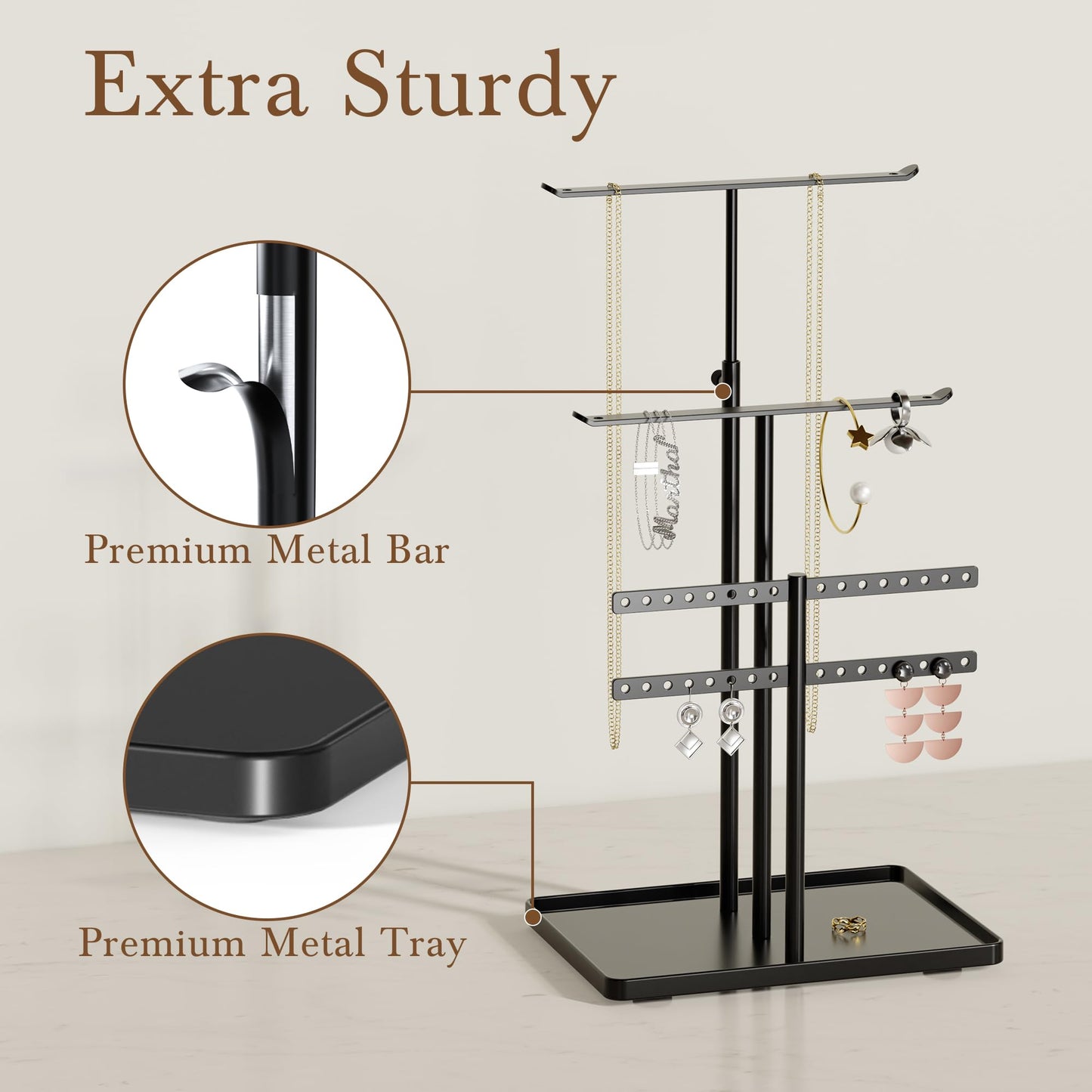 susswiff Jewelry Holder Organizer Stand - Adjustable Jewelry Tree 17.5" Height (Max), Jewlery Hanger for Necklaces, Bracelets, Earrings, Aesthetic for Storage and Display, Metal, Black