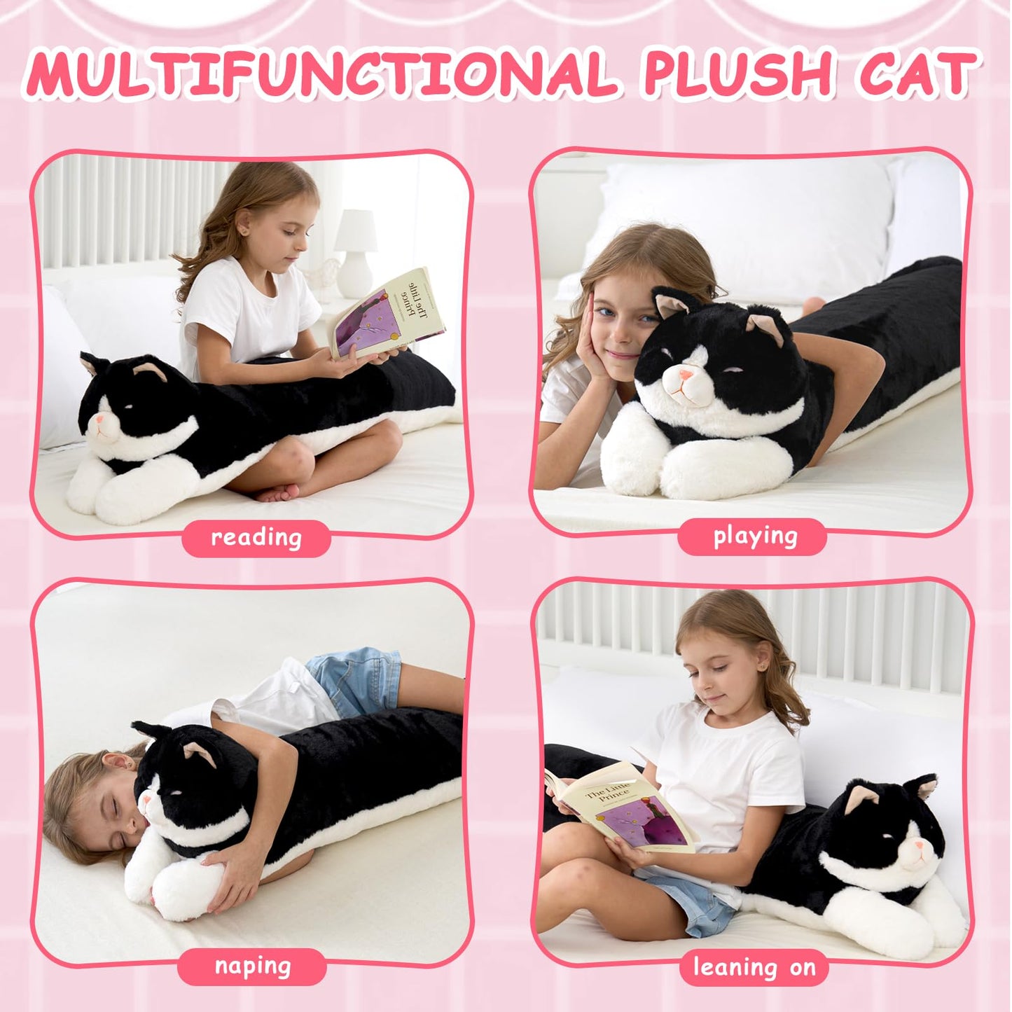 48inch Giant Cat Stuffed Animal Pillow, Cute Big Jumbo Black Cat Body Pillow Plush Toy, Large Cat Soft Fluffy Kitty Plushies Gift for Kids Boys Girls & Adult, Birthday