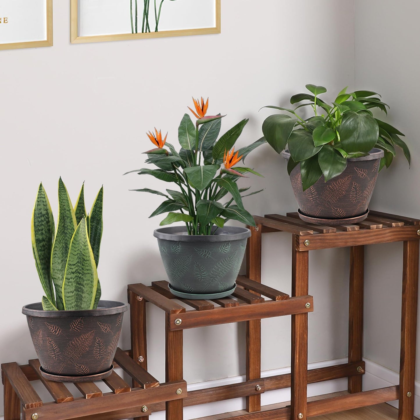 Svxtoby 11 inch Plant Pot, 3 Pack Large Pots for Plants, Flower Pots with Drainage Hole & Saucer, Modern Planters for Indoor Outdoor Plants, Decorative Plastic Garden Pots (Copper)