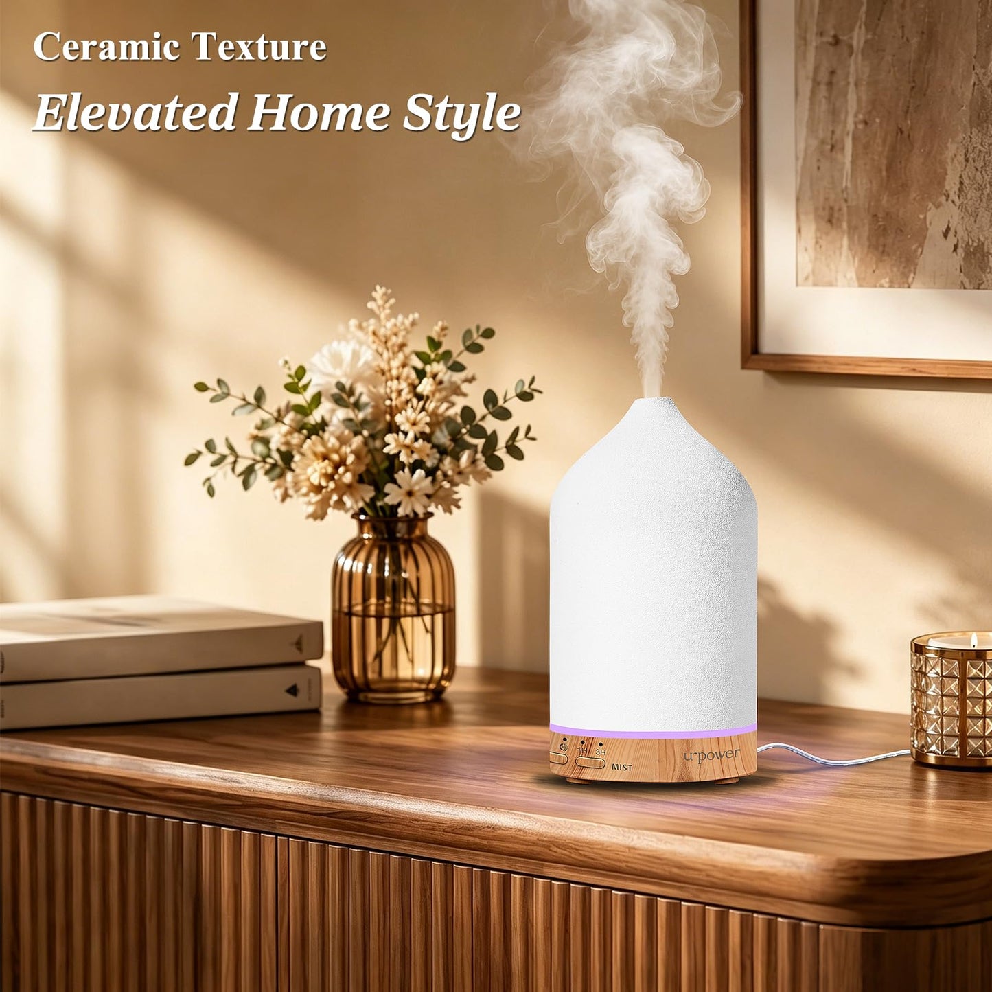 URPOWER 180ML Ceramic Essential Oil Diffuser, Ultrasonic Aromatherapy Diffuser with 7-Color Lights, Auto Shut-Off, Quiet Oil Diffuser for Bedroom, Home Office