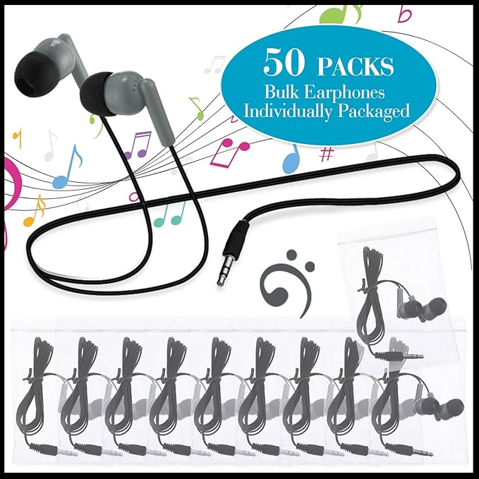 Kanayu 100 Pack Wired Earbuds Bulk for Classroom Ear Headphones Wired Basic Student Earbuds No Microphone with 3.5MM Jack for Class Laptop School Library, Individually Bagged (Gray)