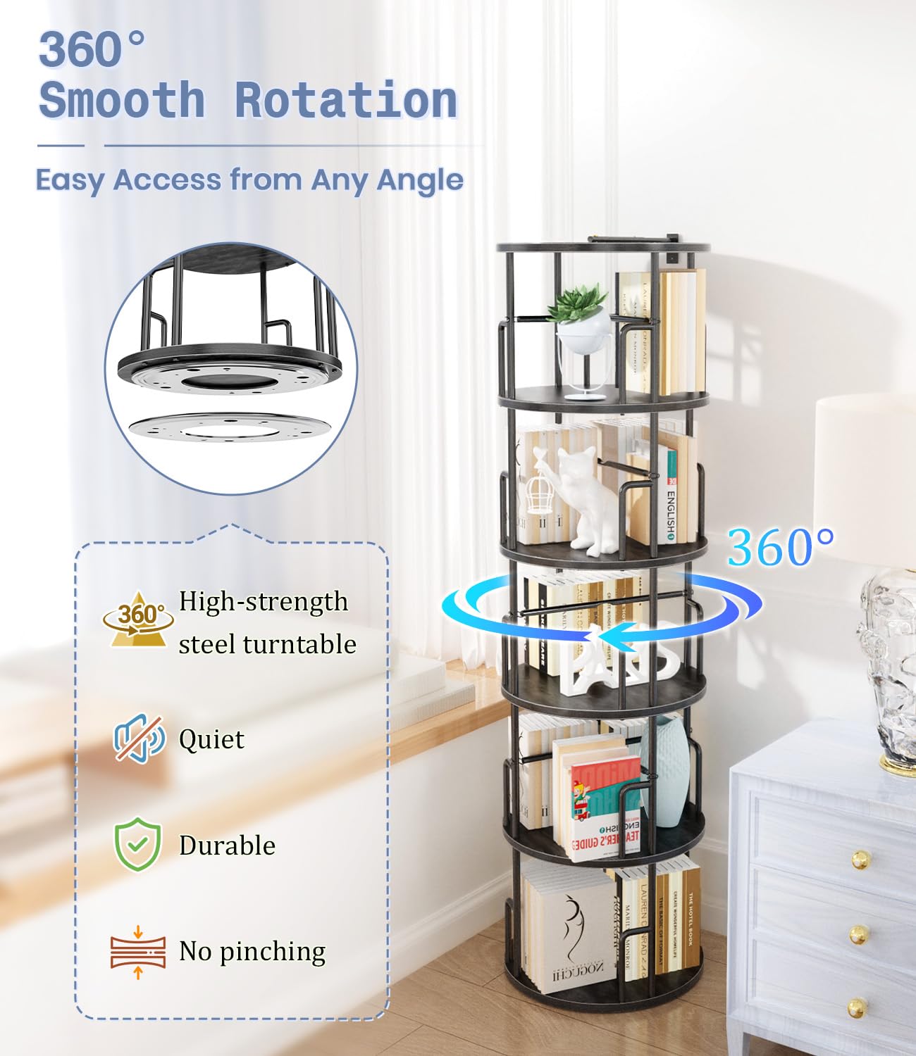 5 Tier Rotating Bookshelf Tower Round Black,62”Tall Standing Spinning Bookshelf Tower Anti-Tipping Design,Metal & Wood Revolving Bookcase Stackable Space Saving for Small Spaces,Study,Living Room