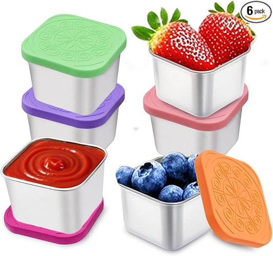 sagact 304 Premium Stainless Steel Snack Containers with Silicone Lids, Snackle Box Containers, Easy-Open Leak-Proof Kids for Taking Out for a Picnic, Lunch Box and Travel. (All-6, 2 OZ)