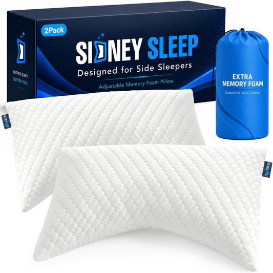 Sidney Sleep Set of 2 Queen Size Bed Pillows for Side and Back Sleepers - Adjustable Filling - Memory Foam Pillows for Neck and Shoulder Pain - Customizable Loft - Extra Foam Included (White)