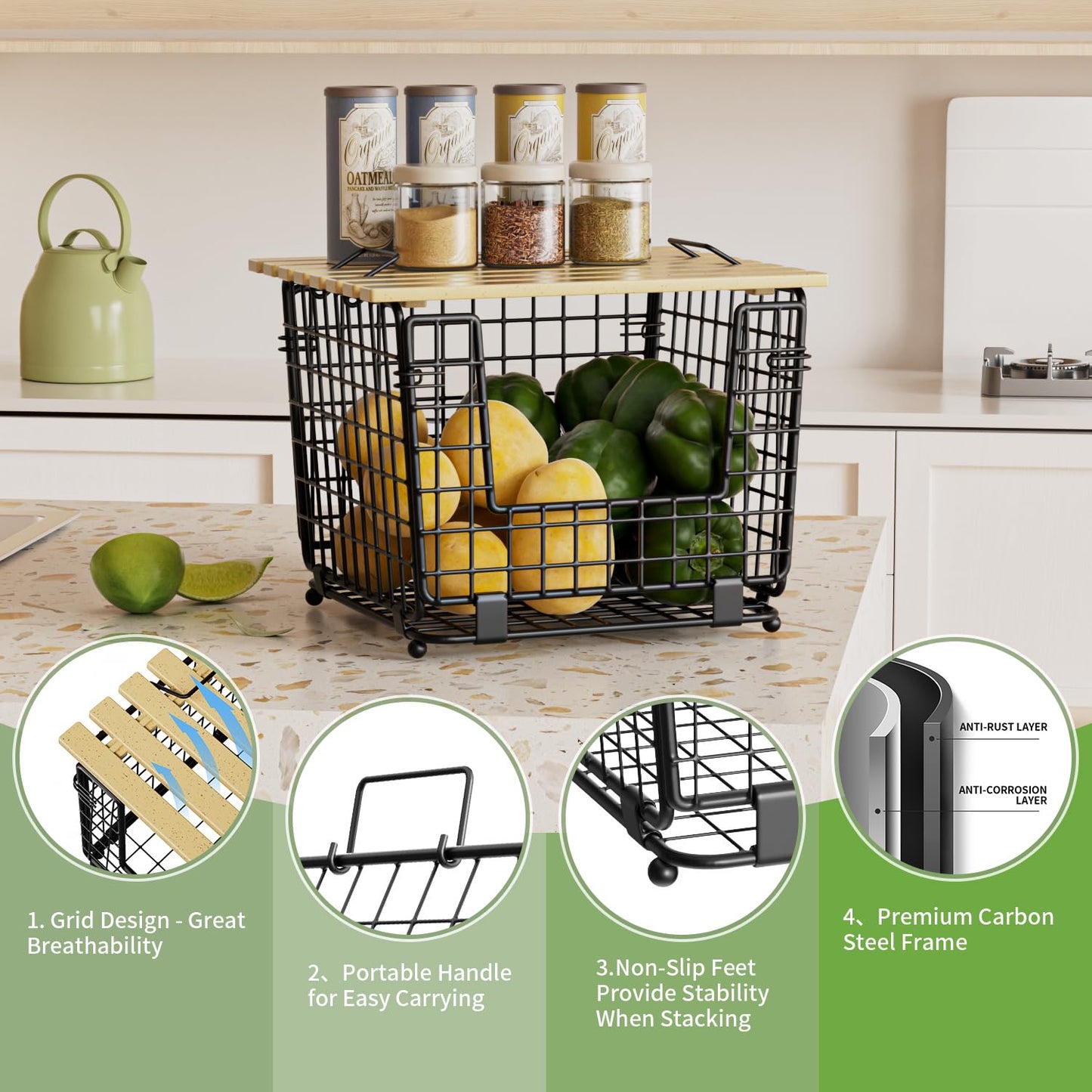 Wire Storage Basket for Kitchen Pantry: GGIU Stackable Kitchen Counter Organizers - Wire Organizing Bin for Produce Fruit Vegetable Potato and Onion Black