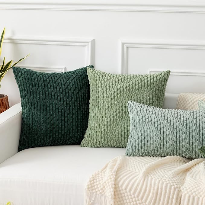 Kevin Textile Christmas Decorative Pillow Covers Set of 2 Striped Plush Corduroy Rectangle Lumbars Boho Home Decor Cushion Covers for Couch Sofa Bed Living Room 12x20 Inch, Army Green