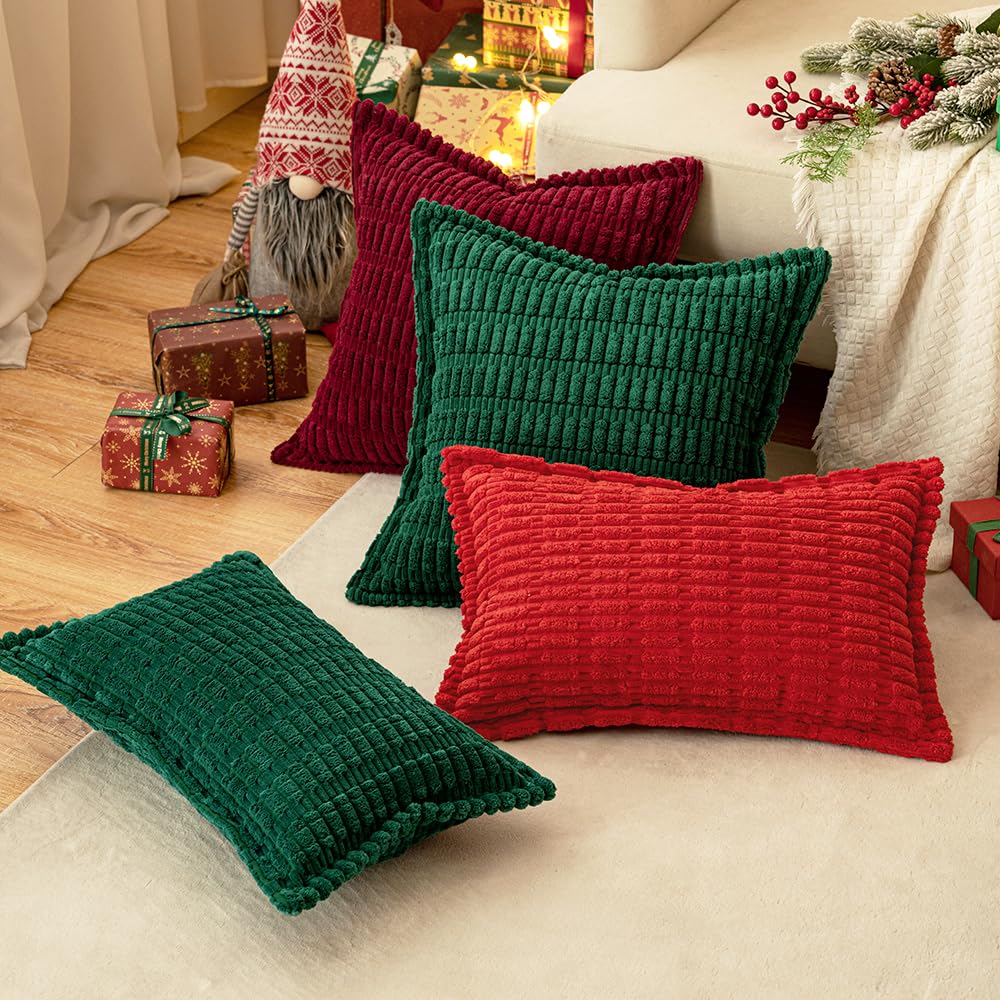MIULEE Christmas Green Corduroy Decorative Throw Pillow Covers Pack of 2 Soft Striped Pillows Pillowcases with Broad Edge Winter Modern Boho Home Decor for Couch Sofa Bed Spring 20x20 Inch