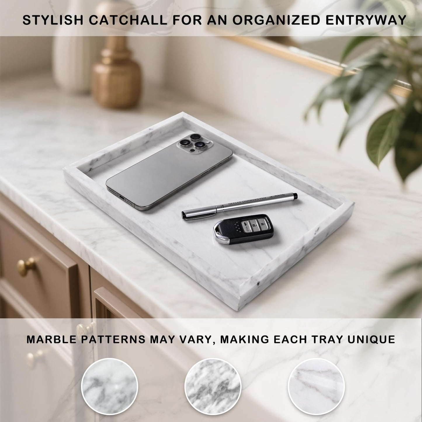 Homaura Marble Bathroom Tray for Countertop & Home Decor, Natural Decorative Marble Tray for Jewelry & Perfume Organizer, Luxury Stone Vanity Trays for Dresser, Kitchen Counter, 12" x 8", White