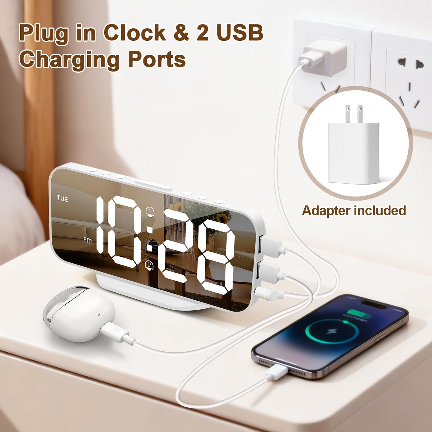 ALANAS Aesthetic Digital Alarm Clock, Big Mirror Display with Dual USB Charger Ports, Dual Alarms, Snooze, 4-Level Adjustable Dimmer, for Bedroom, Office, Desk, Plug in LED Clocks