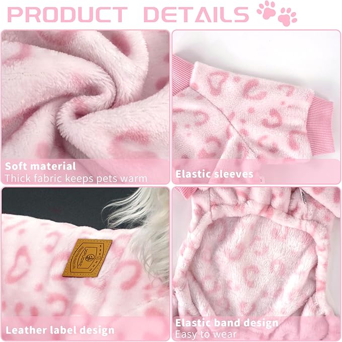 XPUDAC Dog Sweater Leopard Fleece Dog Pajamas for Small Medium Dogs Girl Soft Warm Pet Winter Clothes for Winter Christmas(Pink, Small)