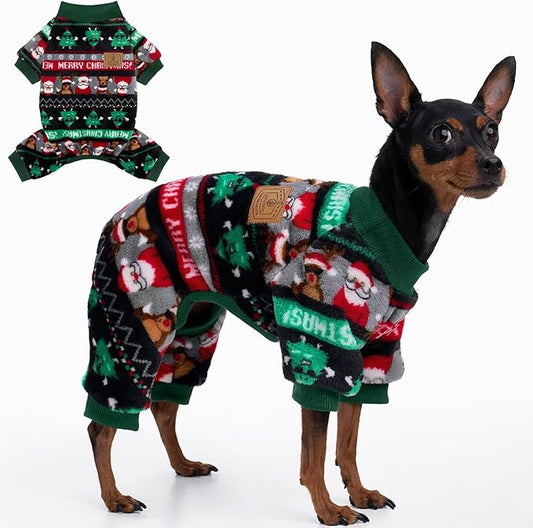 XPUDAC Christmas Dog Pajamas Fleece Dog Sweater Holiday Pet Outfit for Small Medium Dogs Girl Boy Puppy Clothes Onesie, M