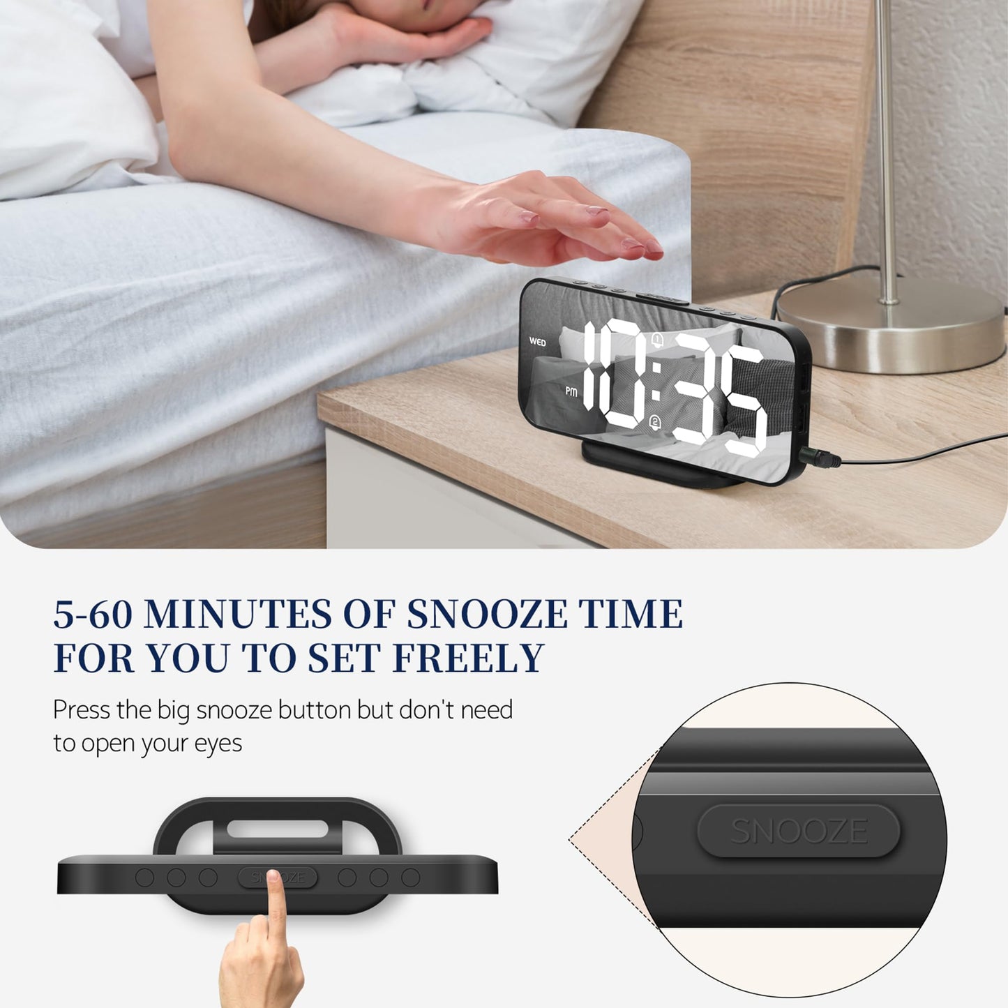 SMOUPING Digital Alarm Clock for Bedroom,6.7" LED Clock Mirror Surface with 2 USB Charger Port,Adjustable Brightness,Dual Alarm,Snooze,12/24H/Large Display Clock for Room Decor(Black)