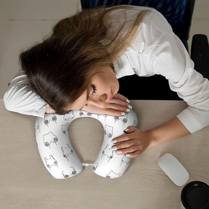 Travel Neck Pillow for Pain Relief Sleeping, Woman Breast Set Funny Boobs, Comfortable Memory Foam Chin Head Cushion Support with Zip Cover, Fashion Car Flight Pillows