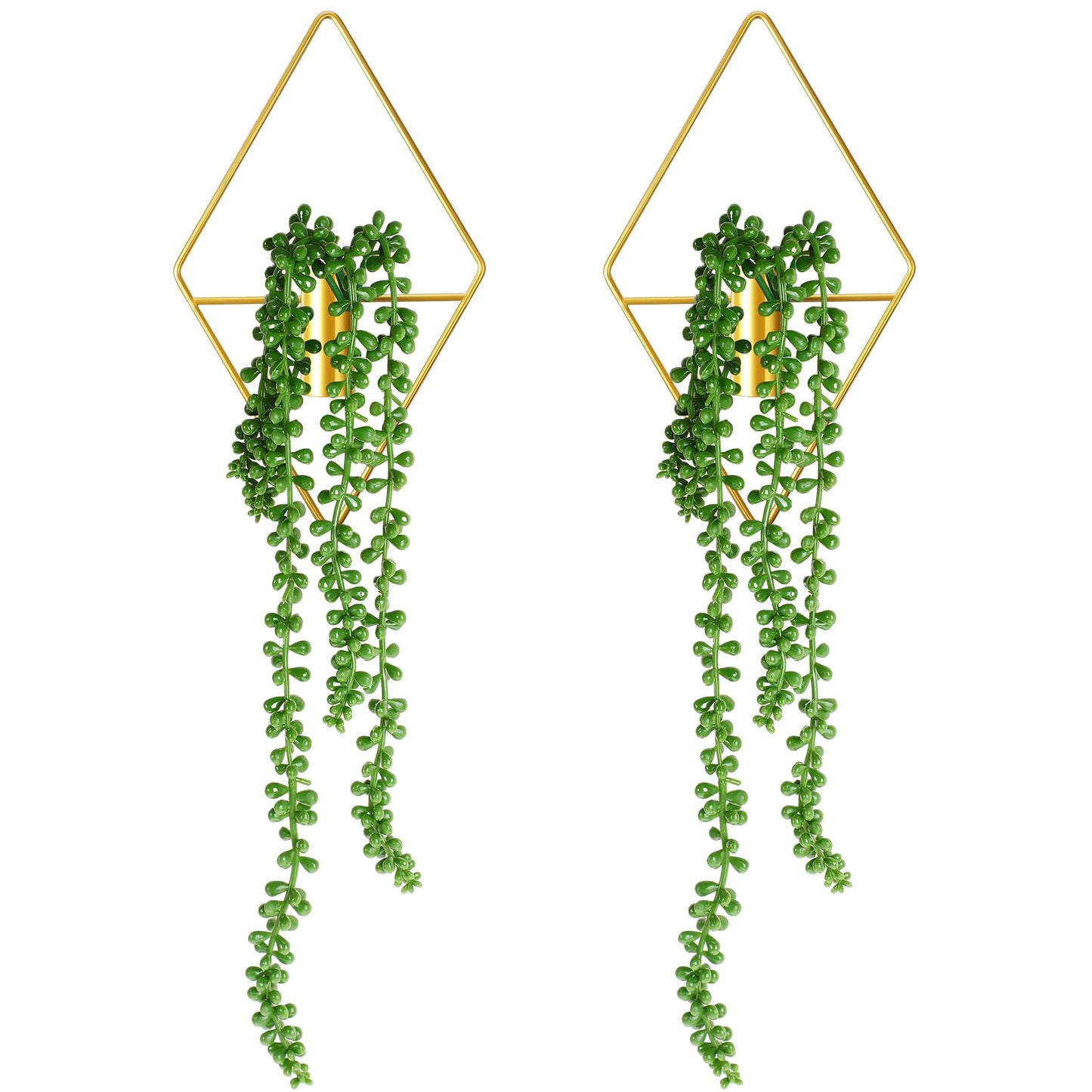 Jexine 2 Pcs Boho Wall Decor Gold Hanging Planters with Artificial Plants Wall Art Mounted Metal Home Decor Display Bedroom Bathroom Living Room (Succulent Plants)