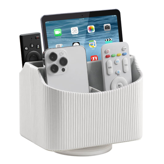 NICLNGSH PU Leather Remote Control Holder, 360 Degree Rotating Desk Organizer Storage Table Remote Caddy, Spinning Bedside Organizer Nightstand Organizer for Desktop Office Home (White)