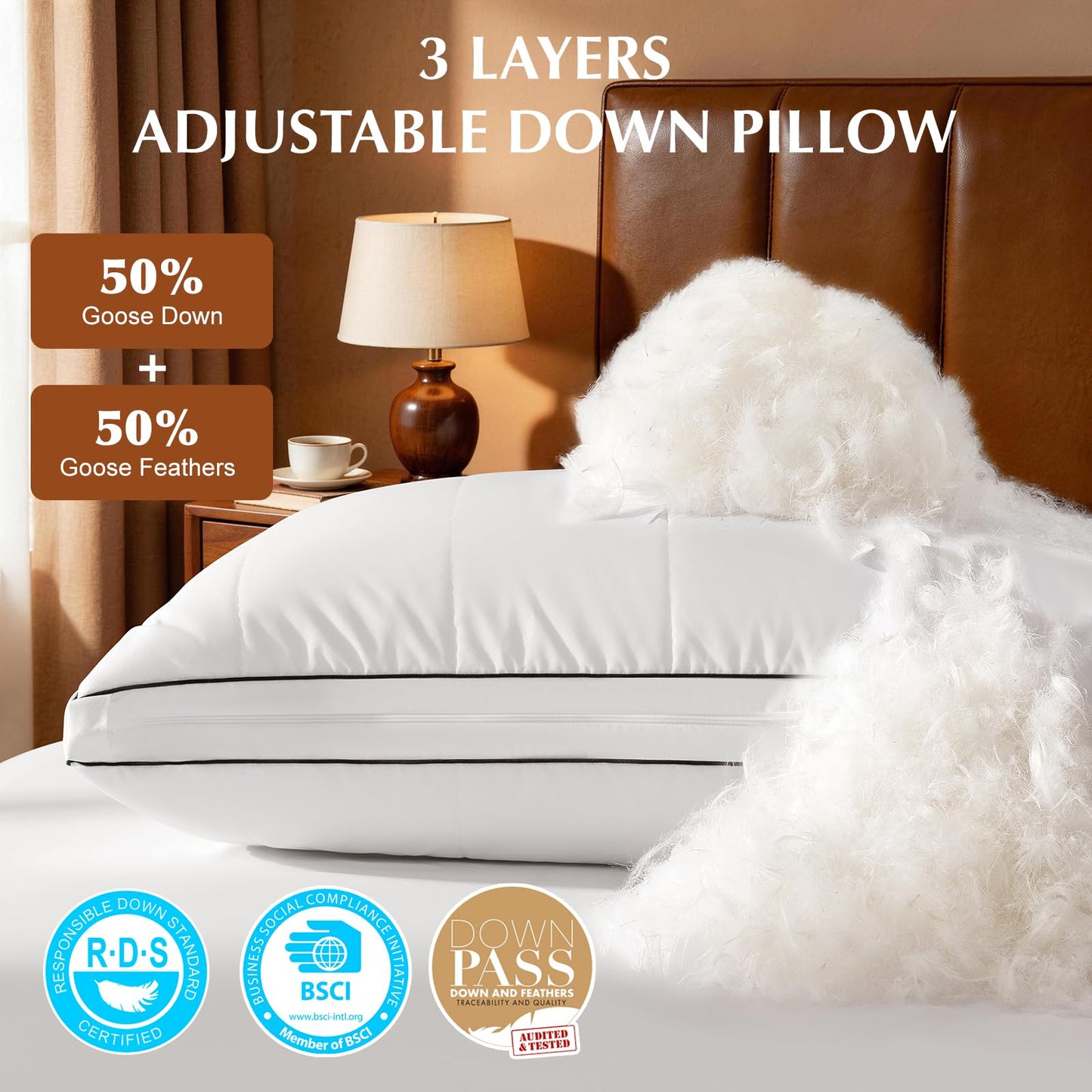 Davmabcjy 3 in 1 Adjustable Goose Down Pillows Standard Size Set of 1, Cooling Cover Bed Pillows, Fluffy Soft Feather Down Pillow for Back, Stomach or Side Sleepers, 20" x 26"