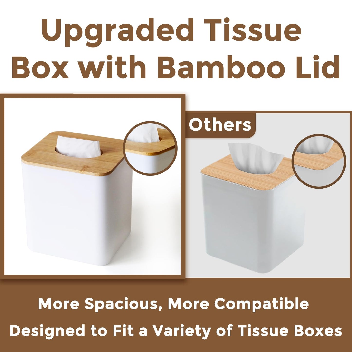 White Tissue Box Cover, Square Tissue Box Holder with Bamboo Cover Plate, Cube Tissue Box Cover for Desk Accessories, Decorative Tissue Box Tissue Holder for Bathroom Office