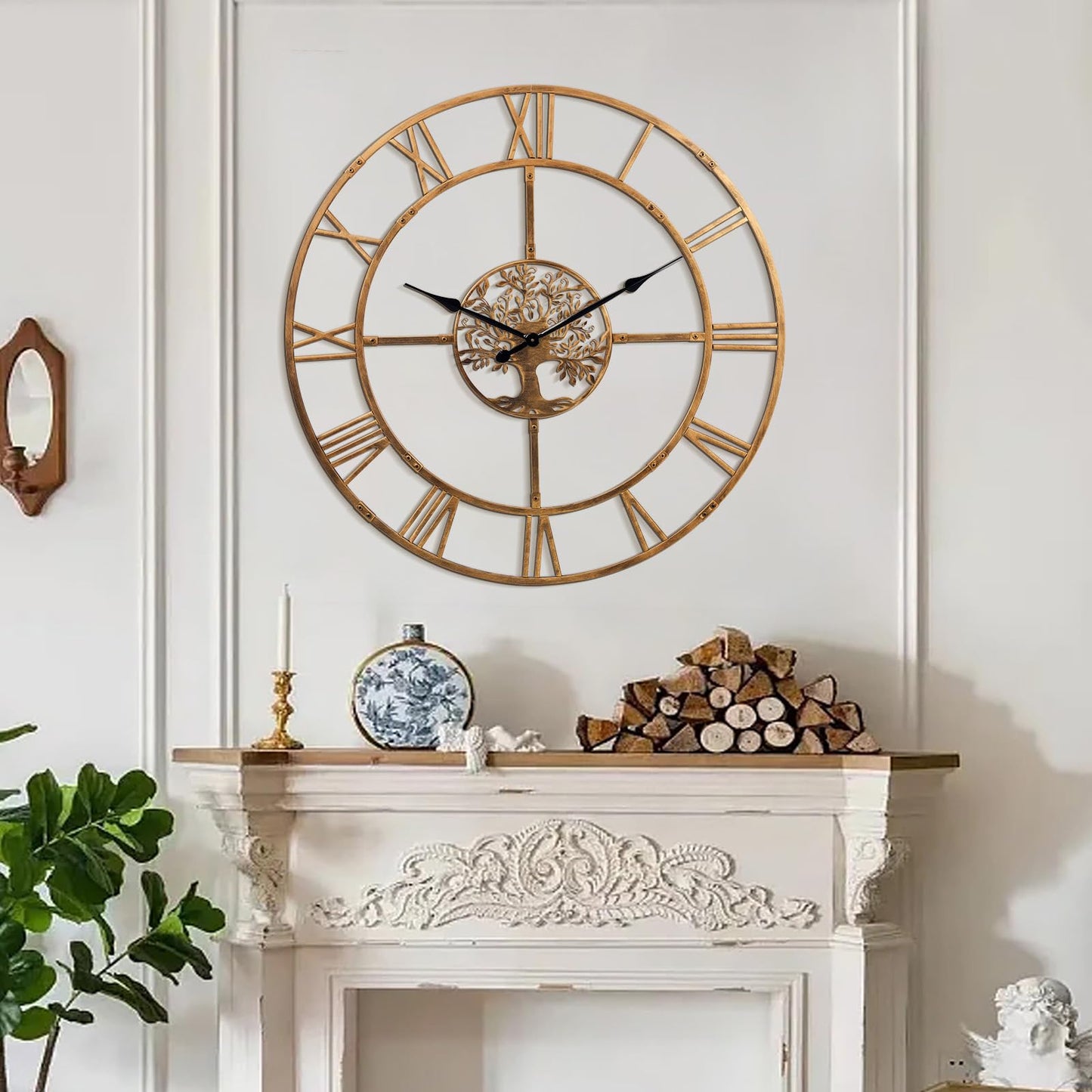 Ohweog 40 Inch Large Wall Clock for Living Room(Quick Assembly) – Bronze Metal Clock with Nature-Inspired Tree Design, Silent Non-Ticking, Battery Operated Roman Numeral Wall Clock for Home Decor