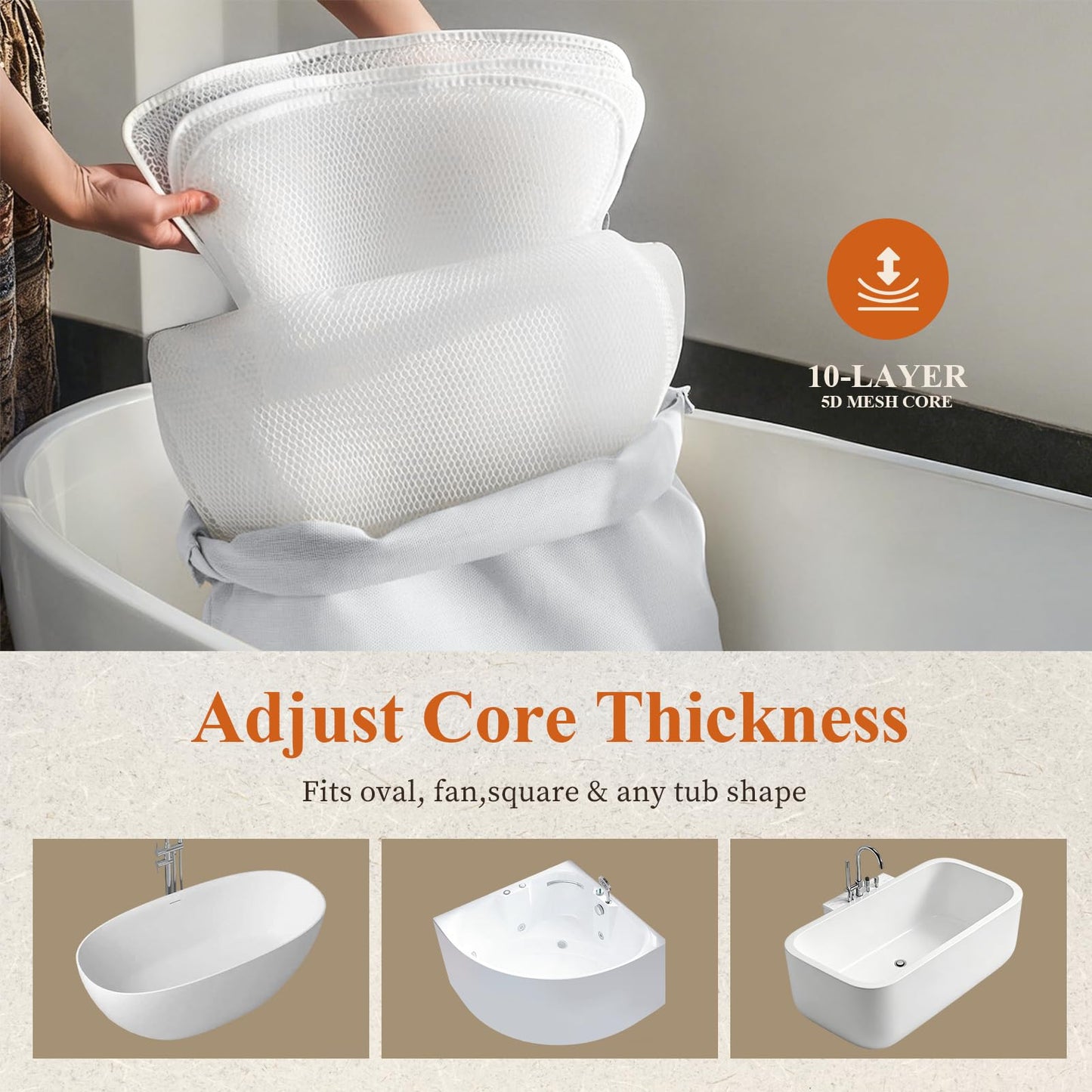 Luxury Bathtub Pillow,Head,Neck & Back Support,Quick-Drying 5D Mesh Core,Gift for Bath Lovers,Adjustable Thickness Fits Any Bathtubs,Easy to Maintain,Light Grey