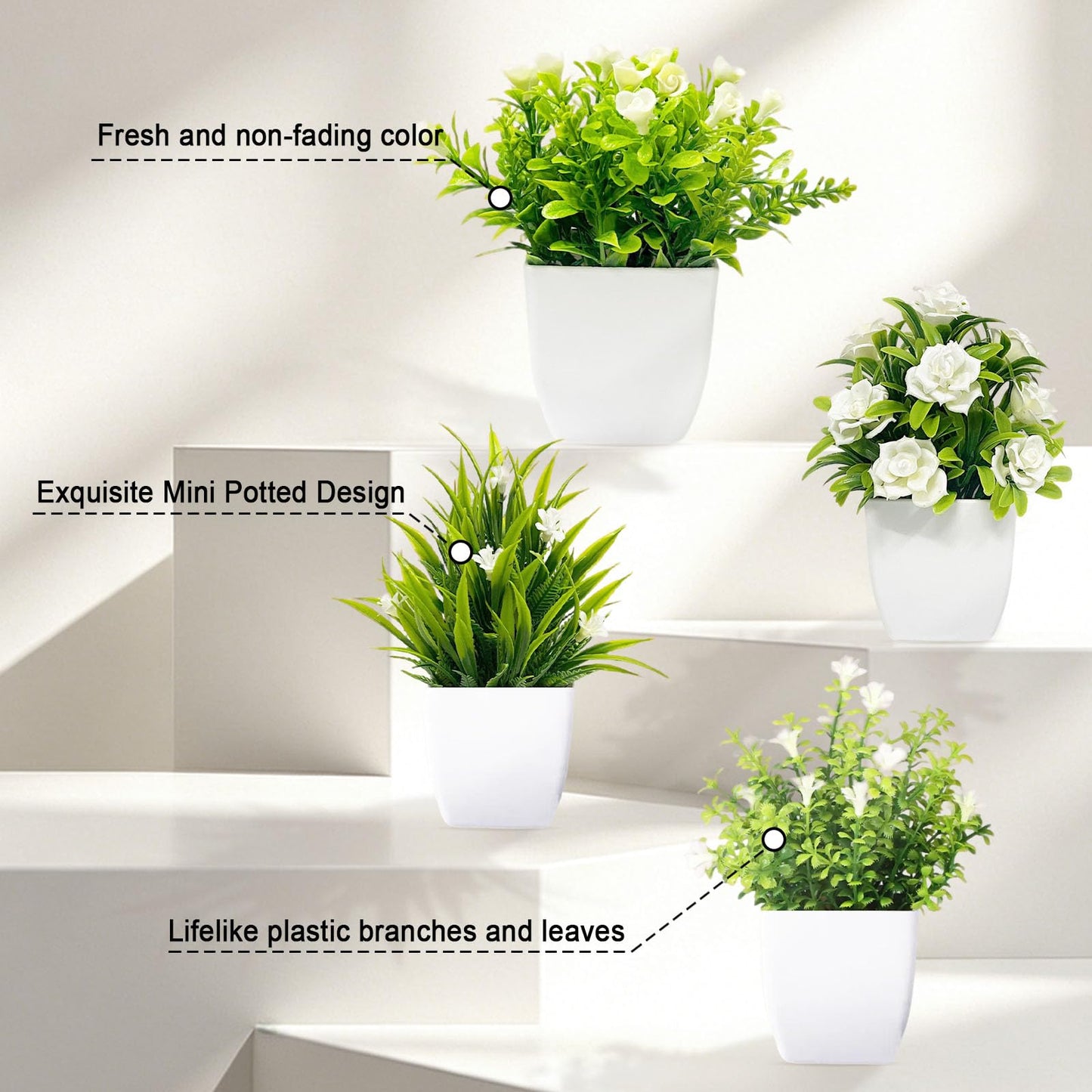 SZC&MFZ Small Fake Plants,4 PCS Artificial Potted Flowers for Home,Bathroom, Room, Bedroom, Living Room, Kitchen and Office Decor.