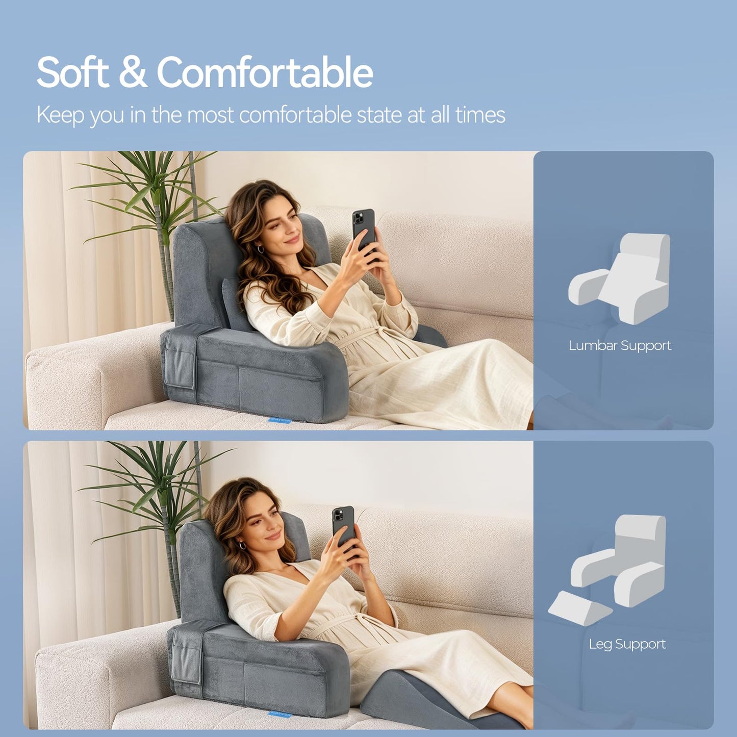 Kayfia Reading Pillow, 10 in 1 Back Pillow for Bed Sitting up with Detachable Arms Rest, Back Rest with Gel Memory Foam, Reading/Gaming/Working in Bed or Couch 19", Gray