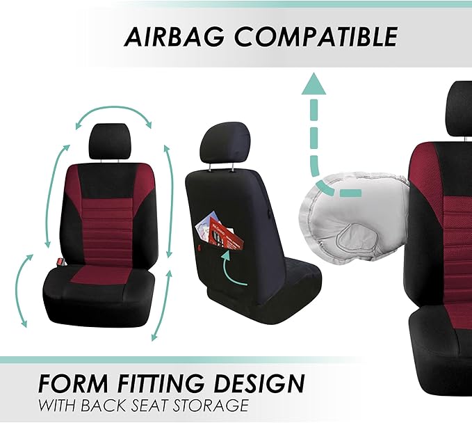 FH Group Automotive Car Seat Covers Front Set Premium 3D Air Mesh Front Seat Covers, Airbag Compatible Universal Fit Interior Accessories for Cars Trucks and SUVs - Burgundy