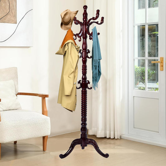 Zacammy Wood Coat Rack Freestanding, Natural Coats Tree Stand with 14 Hooks, 73" Sturdy and Easy Assembly Coat Rack Stand for Entryway, Hallway, Bedroom, Bags, Hats (Tri-legged Base, Rosewood)