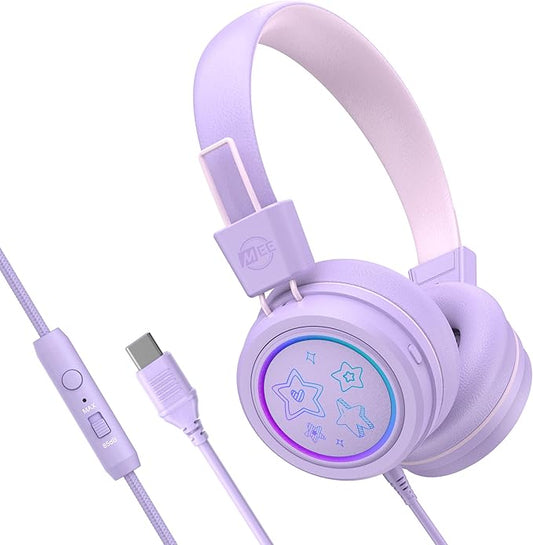 MEE Audio KidJamz KJ55 Safe Listening USB-C Headphones for Children with Multicolor LED Lights, Volume Limiter, & Mic; On-Ear Wired Headset for iPhone 16, iPad, & USB Type C Devices (Lavender)