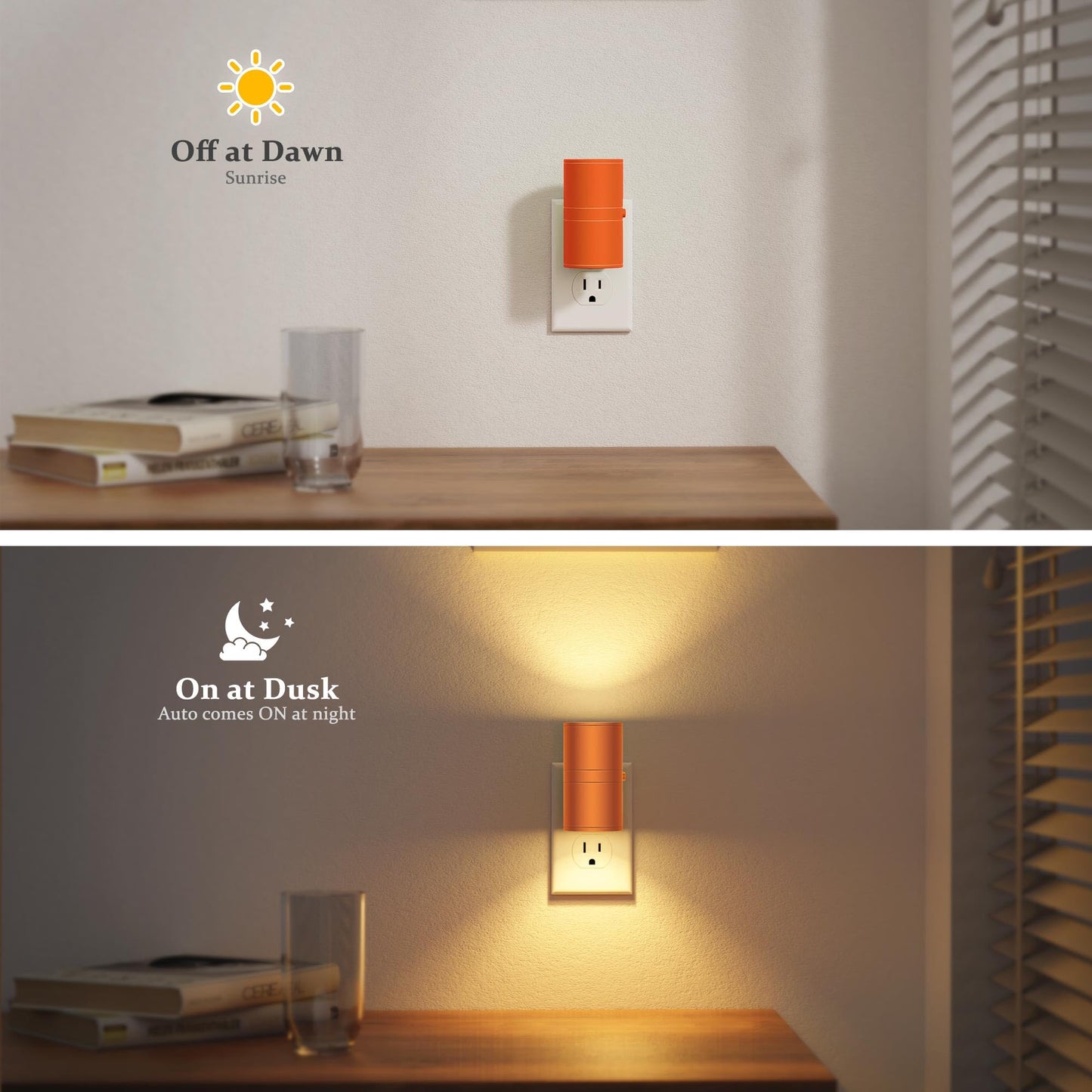 JandCase Night Lights Plug into Wall, Dimmable Night Light Plug in with Orange Shade, Modern Night Lights with Dusk to Dawn Sensor, Soft White 3000K, 0-100LM Nightlight for Hallway Bedroom, 2 Pack