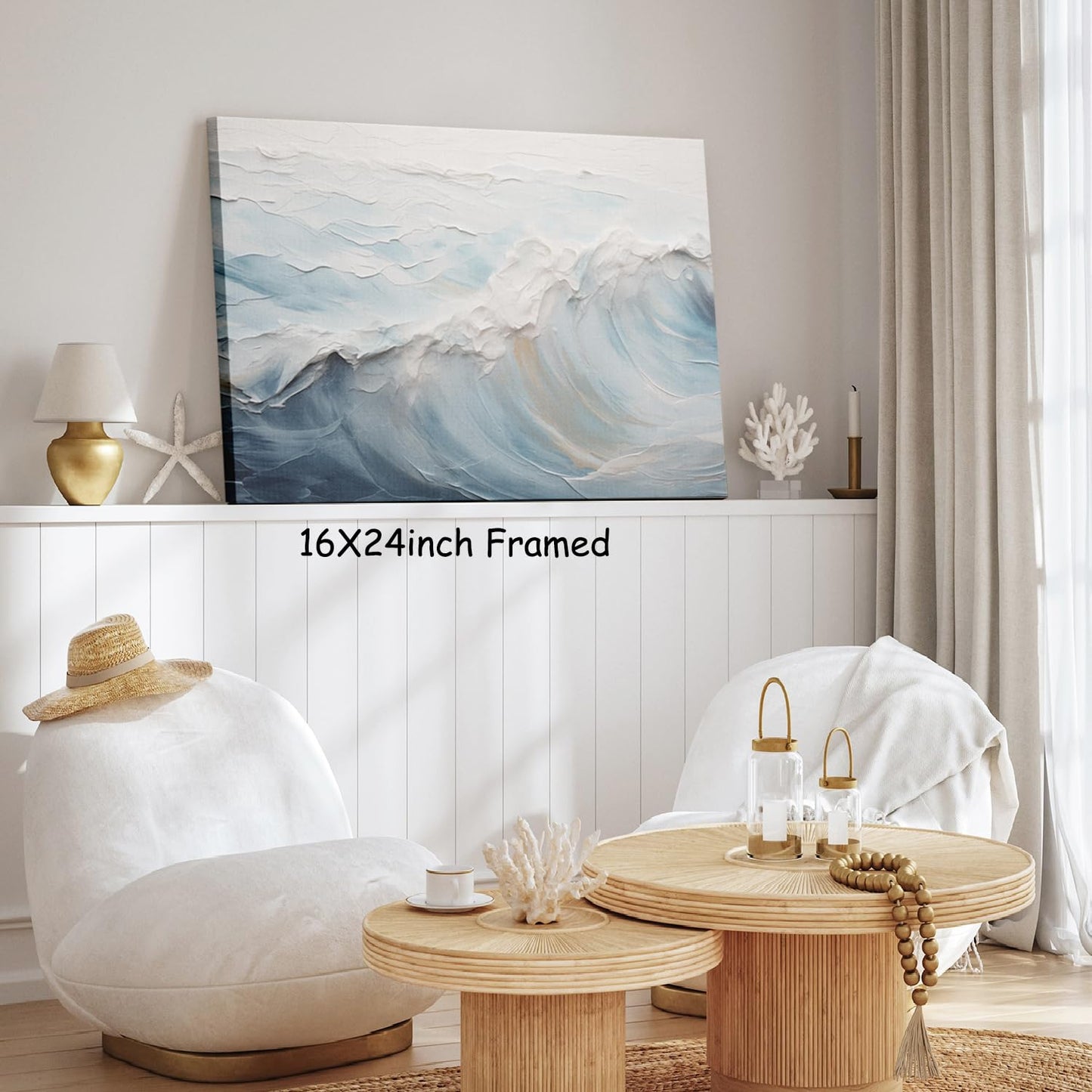 Neutral Ocean Wall Art Abstract Seascape Painting Trendy Beach Prints Ocean Landscape Pictures Wall Decor Blue and White Coastal Prints Abstract Wave Poster for Livingroom Bedroom 16x24in Framed