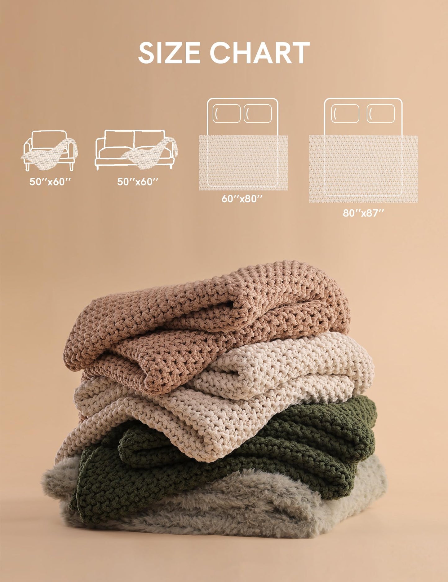 YnM Chunky Cotton Knit Throw Blanket, Cable Knit Throws for Bed Couch Sofa, Comfy & Relaxing, Decorative Piece for Farmhouse Modern Boho Rustic Scandinavian Chic Vibe, Cream White 50x60 Inches