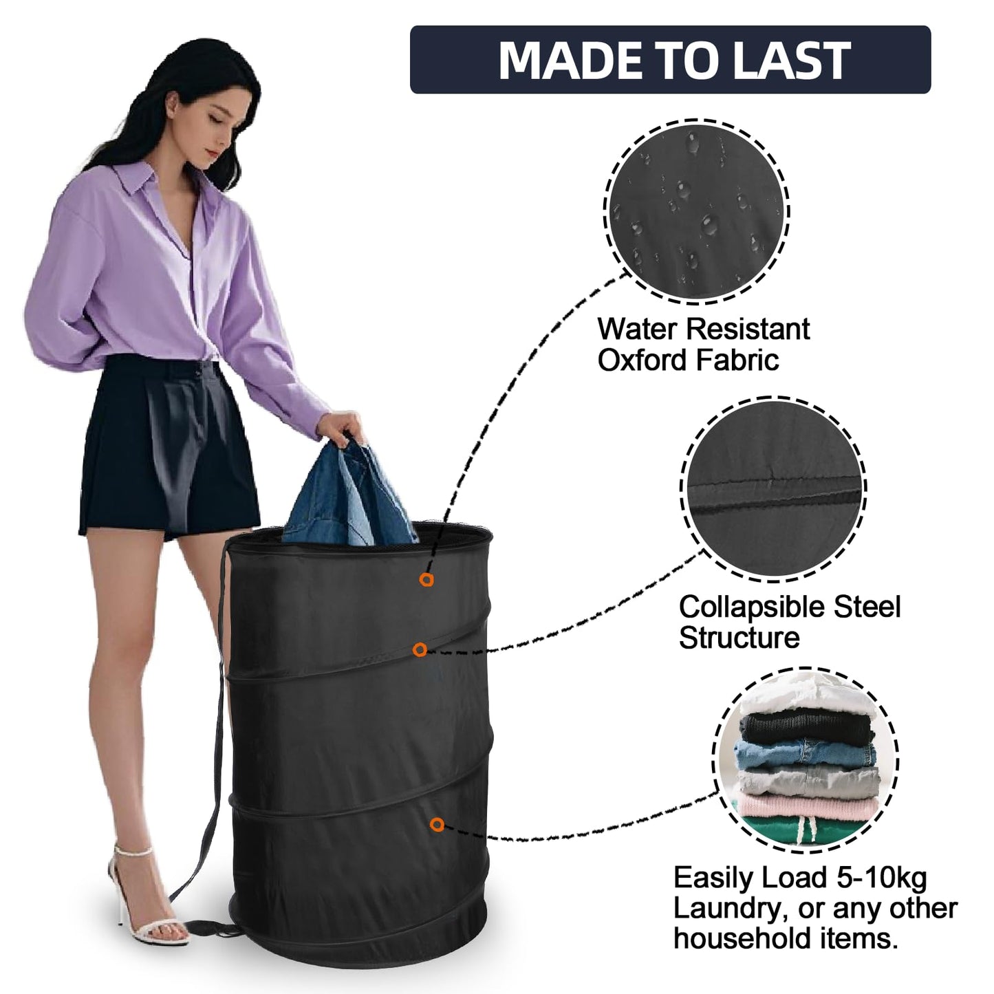 BATTOO Extra Large 107L Strong Laundry Hamper 17.5" x 27" Collapsible Laundry Baskets with Long Straps Drawstring Barrel Foldable Hamper for Laundry Room, Bathroom, Campout, College Dorm or Travel