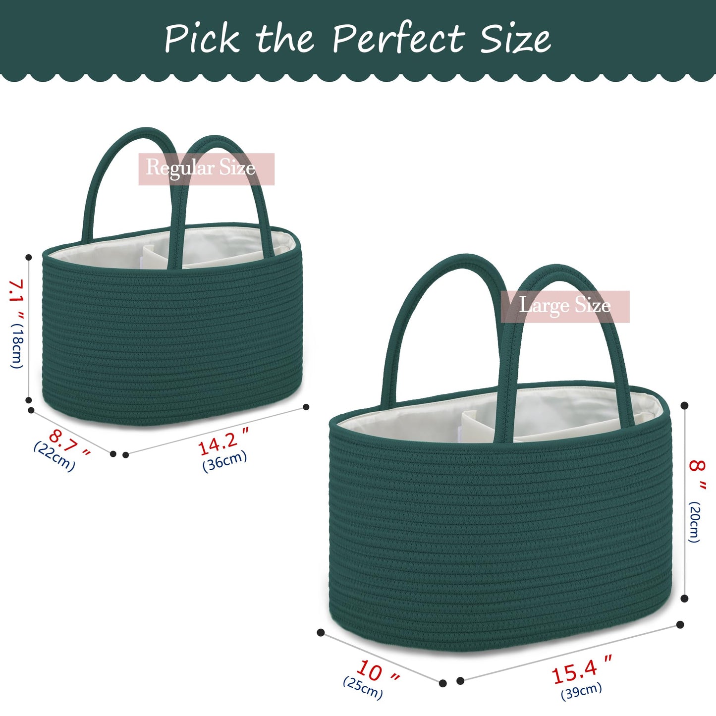 COMSE Large Baby Diaper Caddy Organizer for Girl Boy, Car Caddy with Handles, Cotton Rope Basket for Changing Table, Nursery Organizer, Gift for Baby Shower and Registry Must Have, Dark Green