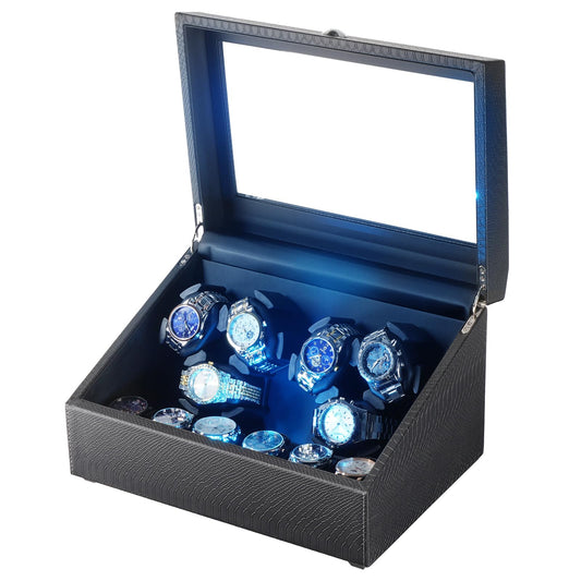 Isili Watch Winder for Automatic Watches, Luxury Watch Winders with LED Light, 6 Watch Winder + 6 Storage Case with Quiet Motor, Gift for Father's Day (PU Snakeskin)
