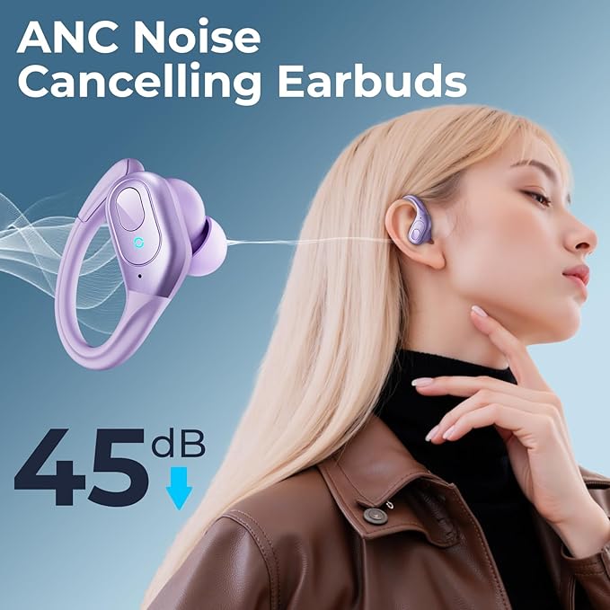 occiam Active Noise Cancelling Earbuds Wireless Bluetooth Headphones Ear Buds 90Hrs Playback Stereo Bass Earphones with Mic Over-Ear Hooks IPX7 Waterproof Headset for Work Sports Running Gym Purple