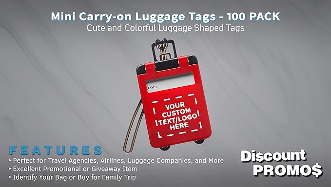 100 Mini Carry-on Luggage Tags Pack - Customizable Text, Logo - Flip Open Cover, ID Sticker - Red
