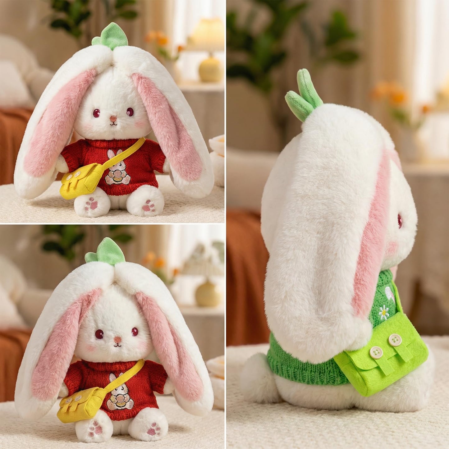 5Pcs Bunny Plush with Clothes & Accessories, Cute Bunny Stuffed Animal Reversible, Strawberry Carrot Bunny Transformed Rabbit Plush Zipper Soft Doll Easter Birthday Party Gift (5PCS Set Strawberry)