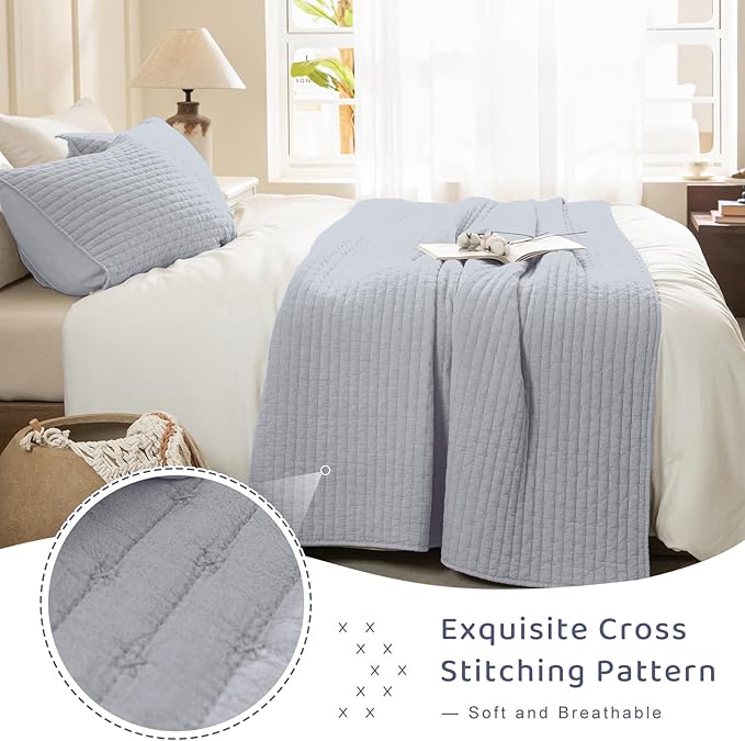 Sanracie Stonewashed Cotton Coverlet King Size(110"x98"), Cornflower Blue Cross Stitch Pattern Quilt Bedding Set 3Pcs Extra Soft Breathable Crinkle Quilted Bedspread Set for All Season