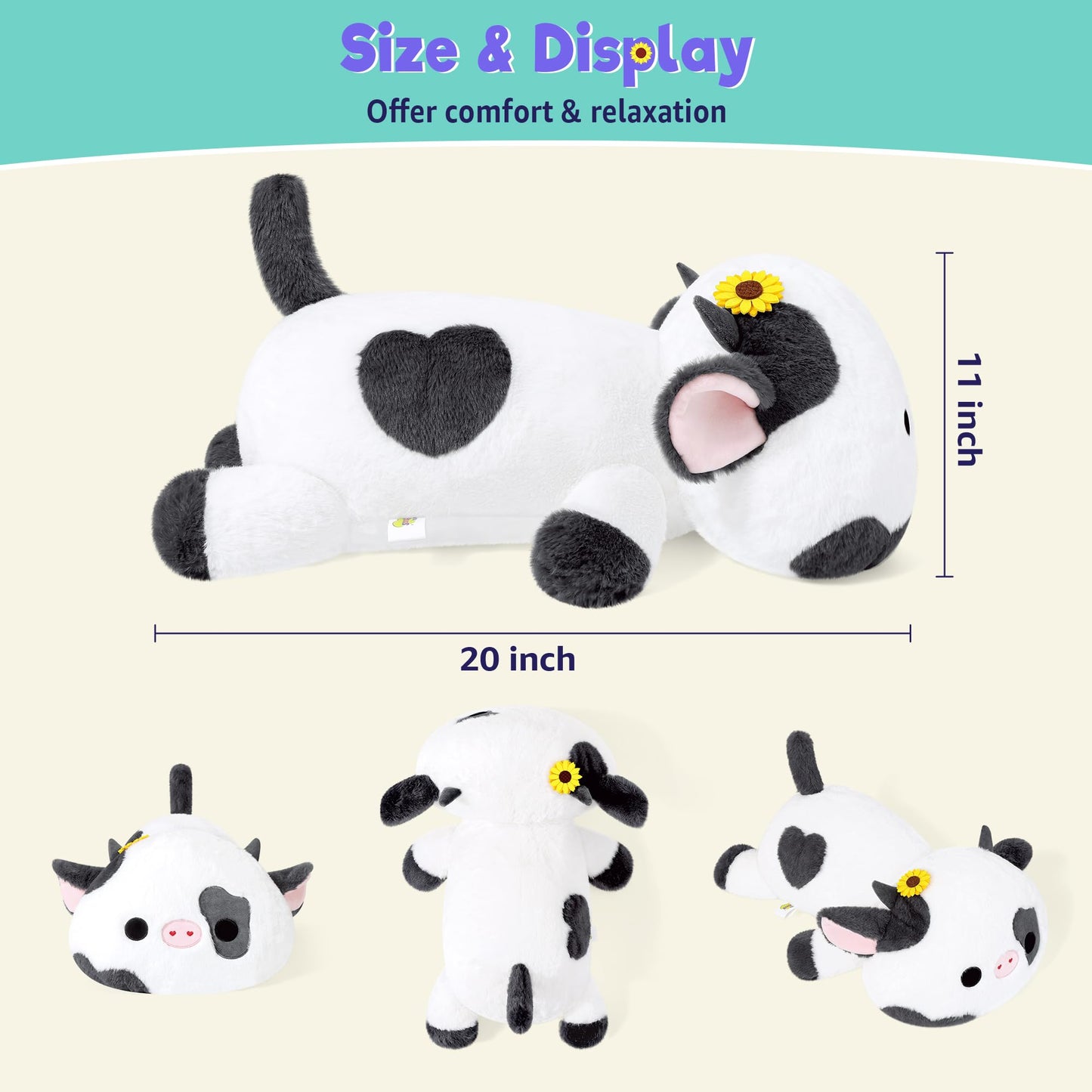 Onsoyours Original Weighted Sunflower Cow Stuffed Animals, 4.0 lbs Weighted Plush for Stress Relief - 20" Large Soft Cow Pillow Gifts for Kids & Adults