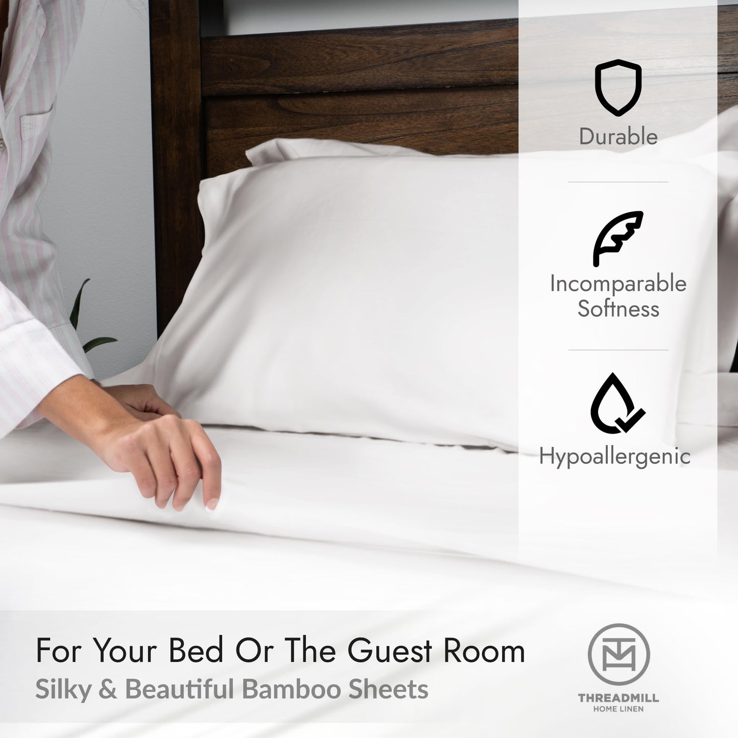 Threadmill Rayon Bamboo Queen Sheet Set - Viscose Bamboo Sheets for Queen Size Bed, 4 Piece Hotel White - Silky Soft, Cool, Lightweight, Breathable - Deep Pocket - Moisture Wicking & Cooling
