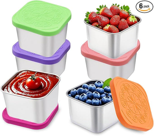 sagact 304 Premium Stainless Steel Snack Containers with Silicone Lids, Snackle Box Containers, Easy-Open Leak-Proof Kids for Taking Out for a Picnic, Lunch Box and Travel. (All-6, 6 OZ)