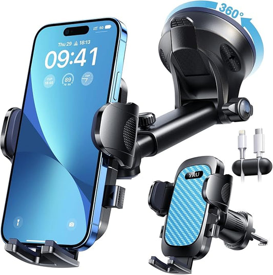 YRU True Military-Grade [360° Rotation Suction] 2025 Ultimate Car Phone Holder Mount 【90+LBS Safest Strongest & Patent Certs】 Dashboard Windshield Vent for iPhone 17 16 Pro Max Samsung, Royal Blue