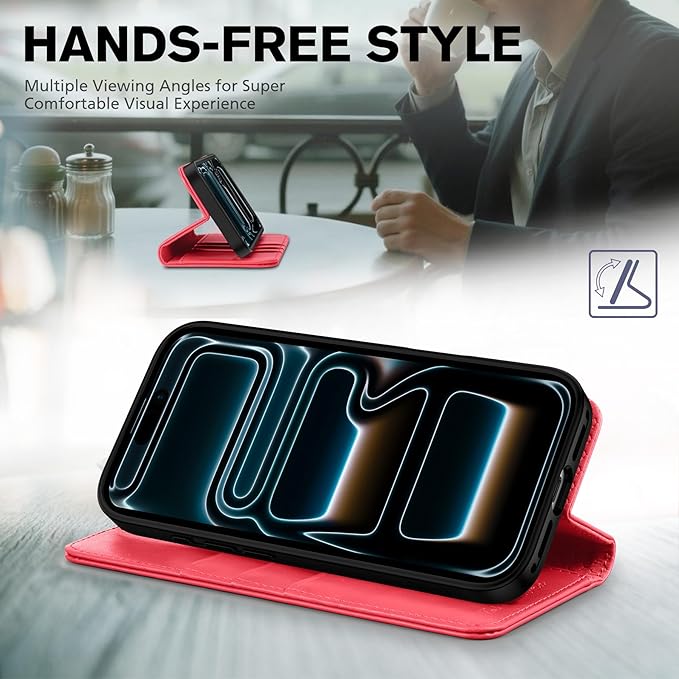 TUCCH Case Wallet for iPhone 17 Pro Max (6.9") 2025, RFID Blocking, 3 Card Holders, Kickstand, PU Leather, Protective Flip Folio Cover, TPU Shockproof Interior Shell, Bright Red
