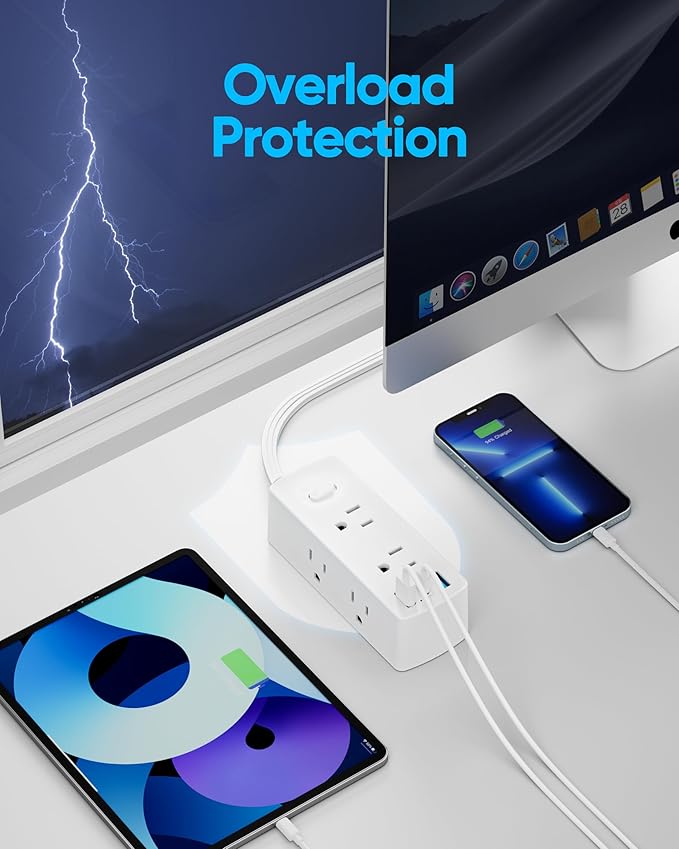 Flat Extension Cord 25ft, Olcorife Flat Plug Power Strip with 6 Outlets 3 USB Ports(1 USB C), 3-Side Outlet Extender Surge Protector for Home Office Dorm Room Essentials, White