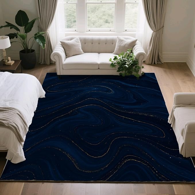 Luxury Marble Rug - 4x5 Rug, Navy Blue Marble Area Rugs, Modern Abstract Outdoor Rugs, Washable & Non Slip Carpet Home Decor